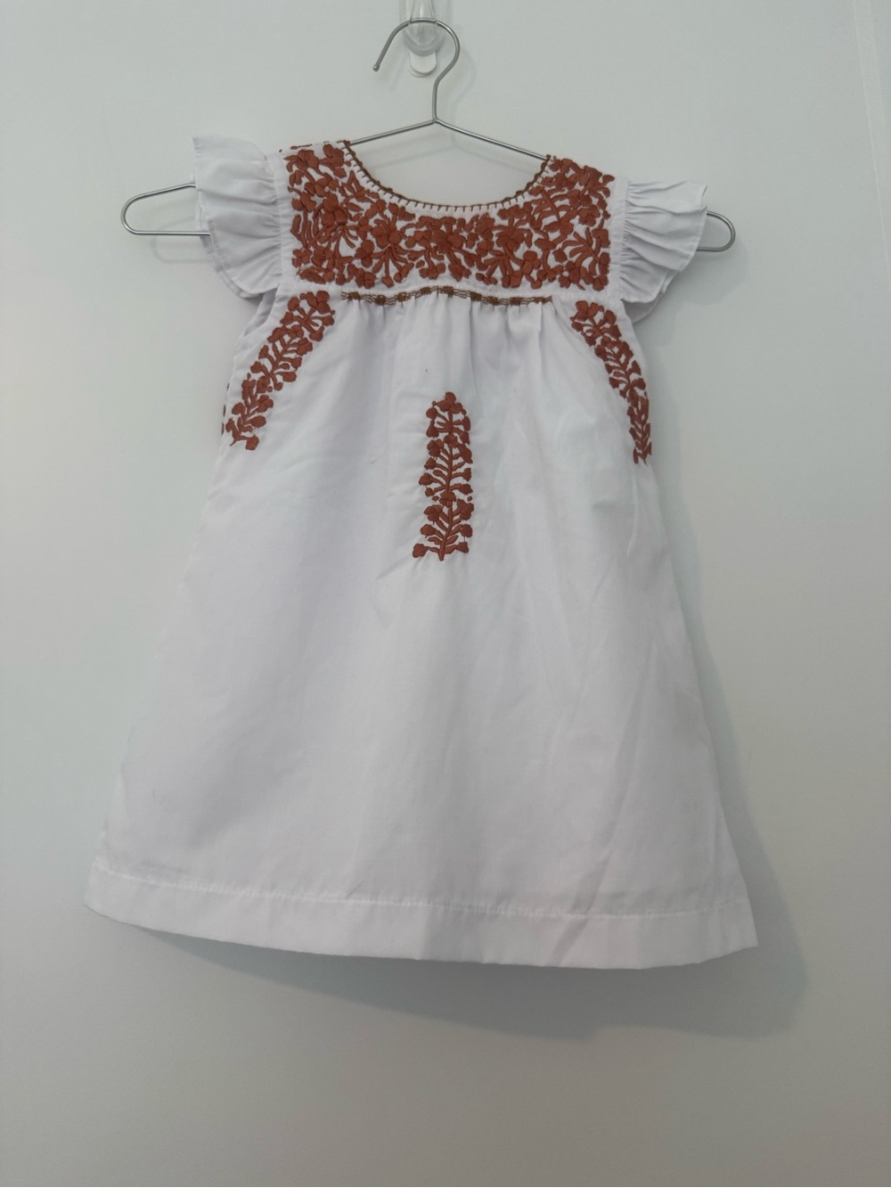 White Kids Casual Dress with Rust Floral Embroidery